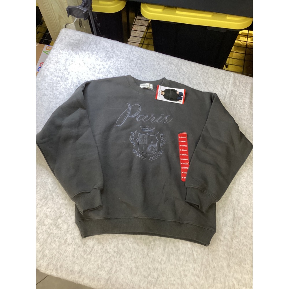 State‎ of Mine Paris Crest Embroidered Sweatshirt Dark Grey XS NWT 15711